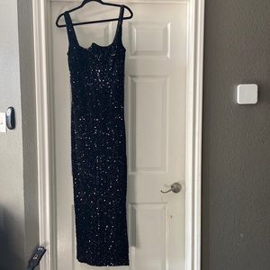 embellished sequins with super thigh high slit all black formal dress.